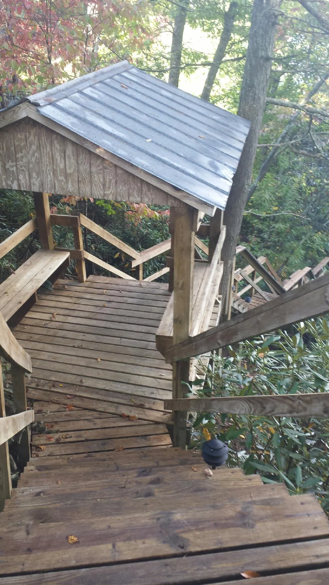 Metal roofed shelter over wooden steps on a wooded walkway — Skylight Repair & Installation work by our crew in Nelliston